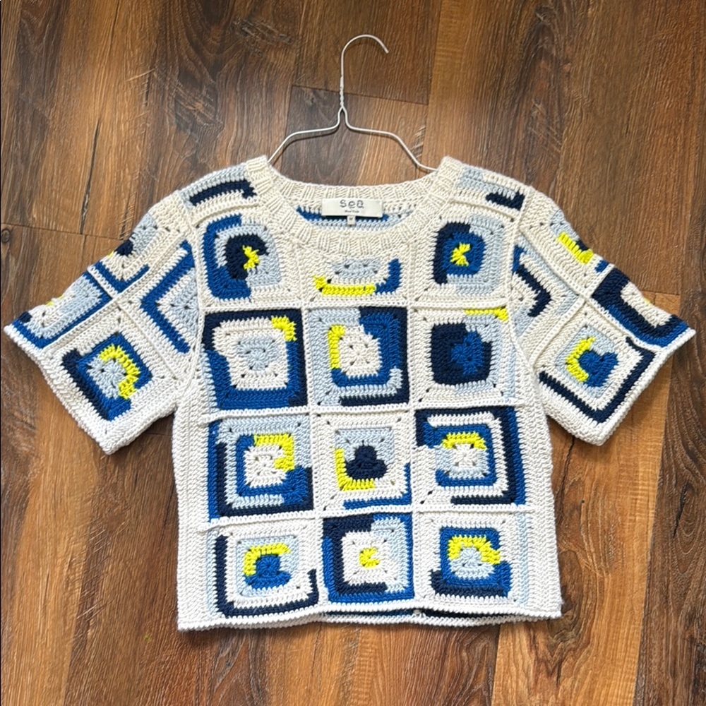 Sea New York Blue and Yellow Cropped Sweater with Intricate Squares